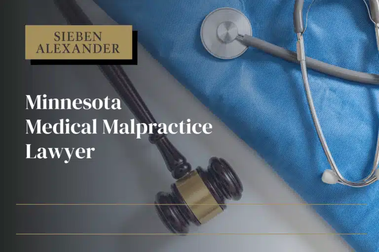 A image of a pair of scrubs, a doctors stethoscope, and a judges gavel with the text "Minnesota Medical Malpractice Lawyer"
