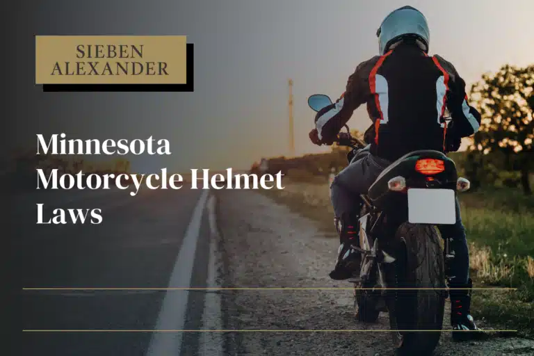 A motorcycle driving on the road at sunset with the person wearing correct protective gear and the text "Minnesota Motorcycle Helmet Laws"