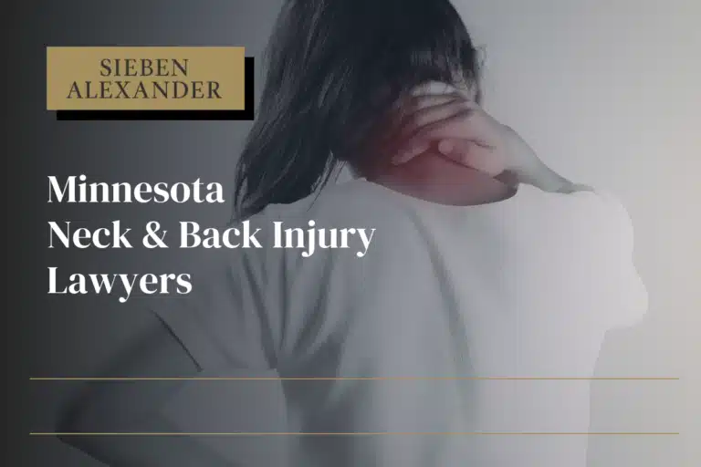A woman holding her upper neck with the text "Minnesota Neck and Back Injury Lawyers"