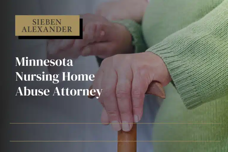 An elderly woman holding a cane with the text "Minnesota Nursing Home Abuse Attorney"
