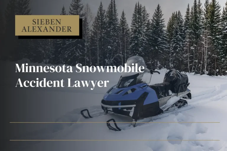 A snowmobile on a trail with trees behind it and the text "Minnesota Snowmobile Accident Lawyer"