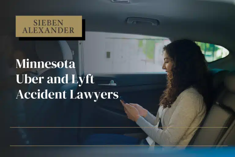A woman riding in the backseat of a car holding her cell phone with the text "Minnesota Uber and Lyft Accident Layers"