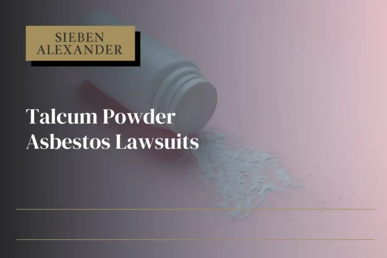 A talcum powder bottle spilled on its side with the text "Talcum Powder Asbestos Lawsuits"