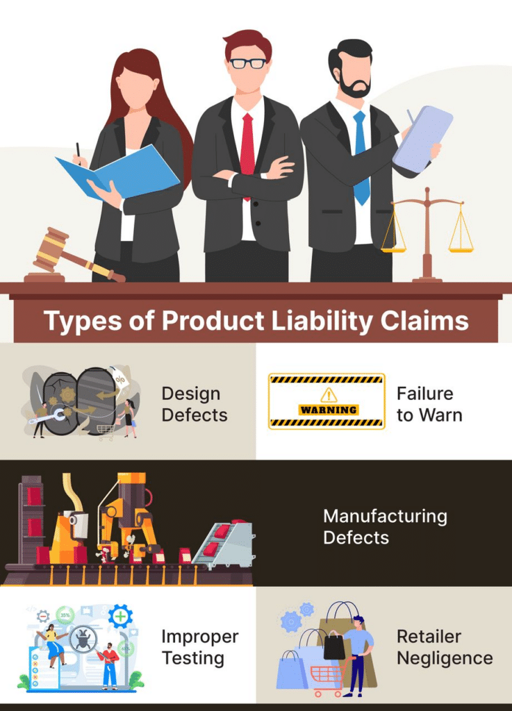 Types of product liability claims including design defects and failure to warn.